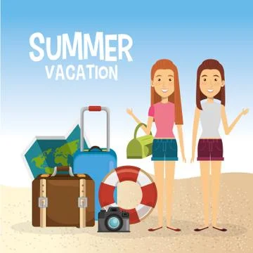 Girls in the beach with summer vacations elements characters Illustrazione stock