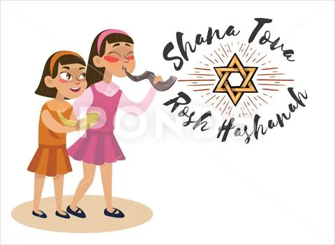 Girls blowing Shofar horn for the Jewish New Year, Rosh Hashanah holiday Stock Illustration