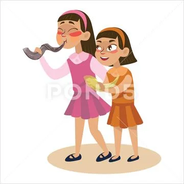 Girls blowing Shofar horn for the Jewish New Year, Rosh Hashanah holiday Stock Illustration