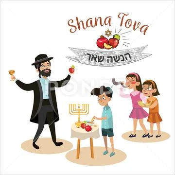 Girls blowing Shofar horn, text means Jewish New Year, Jew man in holding apple Stock Illustration