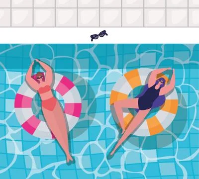 Girls cartoons on floats at pool top view vector design 스톡 일러스트