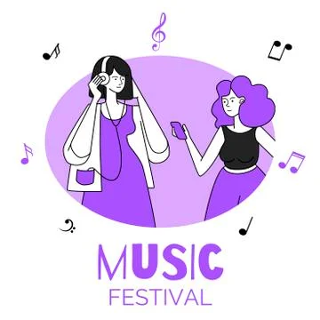 Girls in circular border vector illustration. Music festival, party, discotheque Stock Illustration
