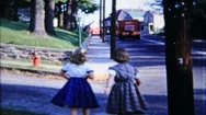Girls Come Out Of House And Walk Down Sidewalk 1950S Family Home Movie 5956 Stock Footage