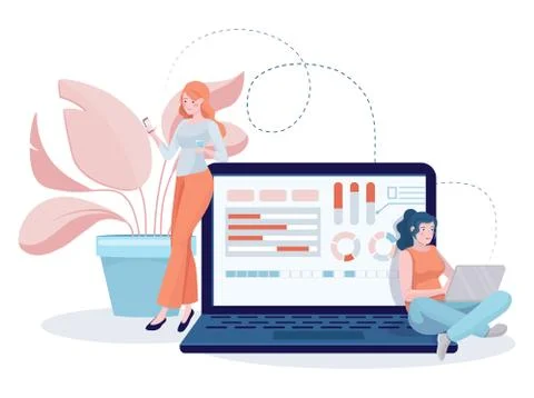 Girls developing websites and mobile apps on laptop and smartphone vector flat Stock Illustration