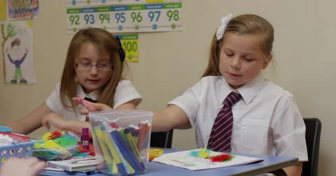 Girls drawing in classroom Stock Footage 58574337