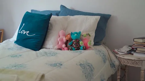 Girls empty made bed in bedroom Stock Footage 155157172