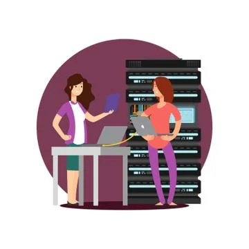 Girls engineer, technician working in server room Stock Illustration