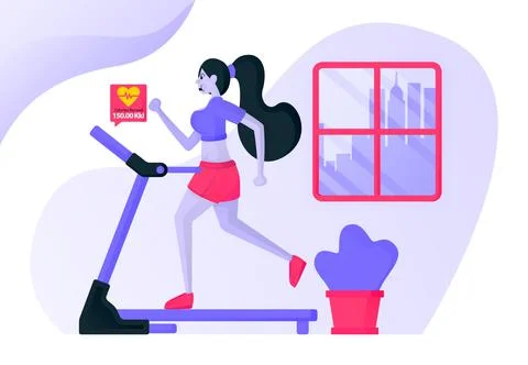 Girls exercise running on a treadmill inside the house wearing sexy sports cl Stock Illustration