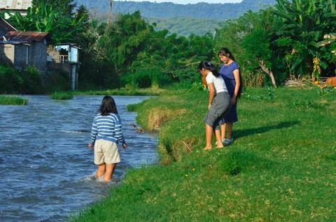Girls explore streamside path with grazing cow nearby Stock Photos