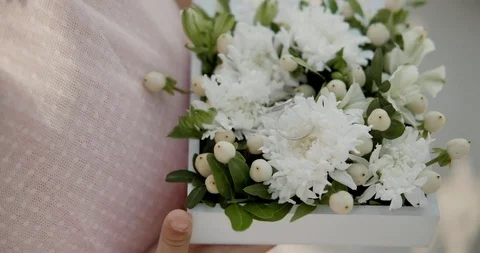 Girl’s hands hold a box with wedding rings and white flowers Stock Footage 123799440