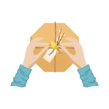 The girl's hands open the easter gift. Vector flat lay illustration Stock Illustration