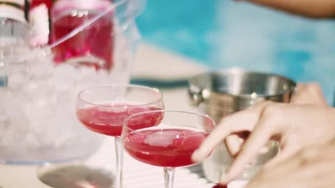 Girls having fun at the poolside Stock Footage 302806150