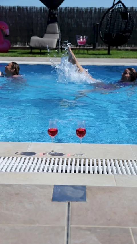 Girls having fun at the poolside Stock Footage 302808597