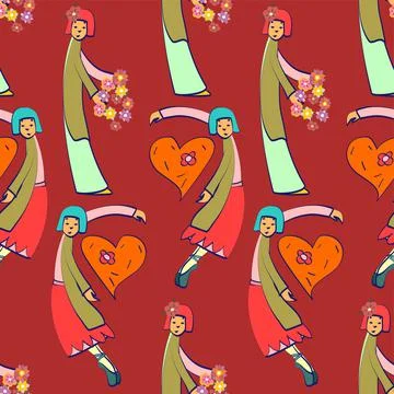 Girls With Hearts Vector Repeat Pattern In Red, Orange And Green 스톡 일러스트