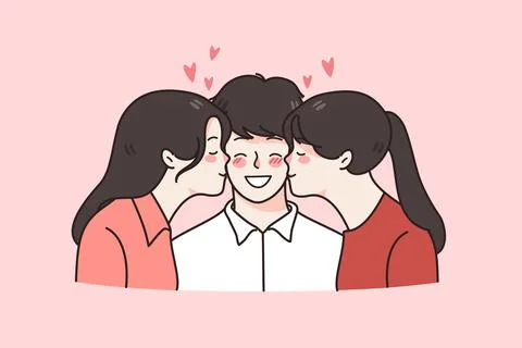 Girls kiss overjoyed young man in cheeks Stock Illustration