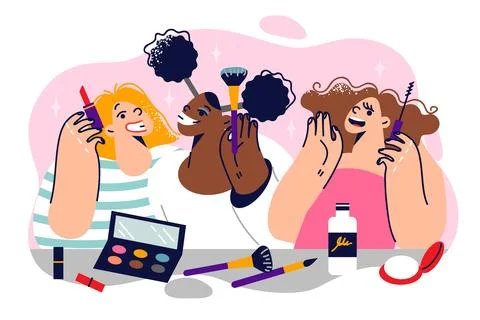 Girls learn to do makeup before school party for junior high students, and use Stock Illustration