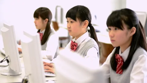 Girls Learning with Computers Stock Footage 332541415