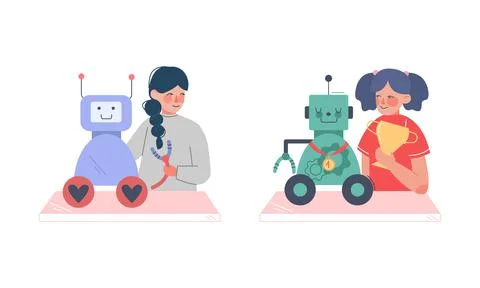 Girls making and programming robots set. Robotics for children cartoon vector 스톡 일러스트