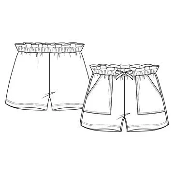 Girls Paperbag elastic waist Short fashion flat sketch template Stock Illustration
