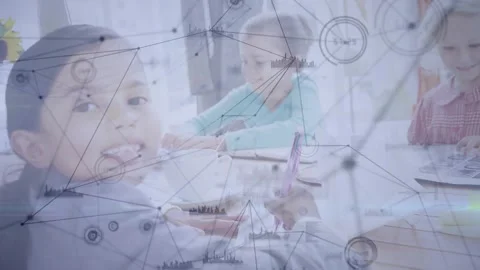 Girls picking up pencils initiating node overlay highlighting art collaboration 스톡 동영상 320204902
