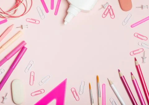 Girls' pink school supplies with copy space Stock Photos