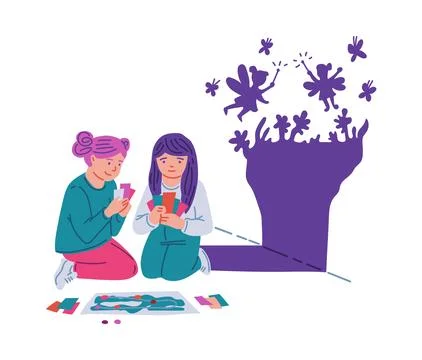 Girls playing games using their imagination, leisure time vector illustration Stock Illustration