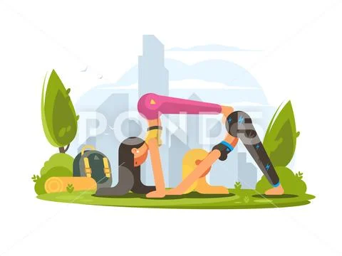 Girls practice yoga in park Stock Illustration