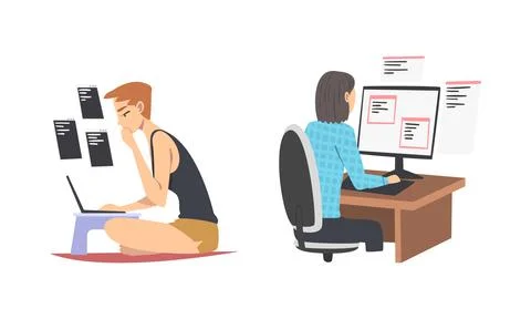 Girls programmers working on computers writing computer programs cartoon vector Stock-Illustration