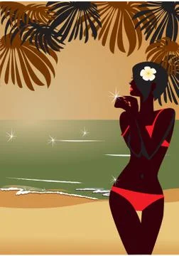 Girl`s silhouette on sunset tropic beach Stock Illustration