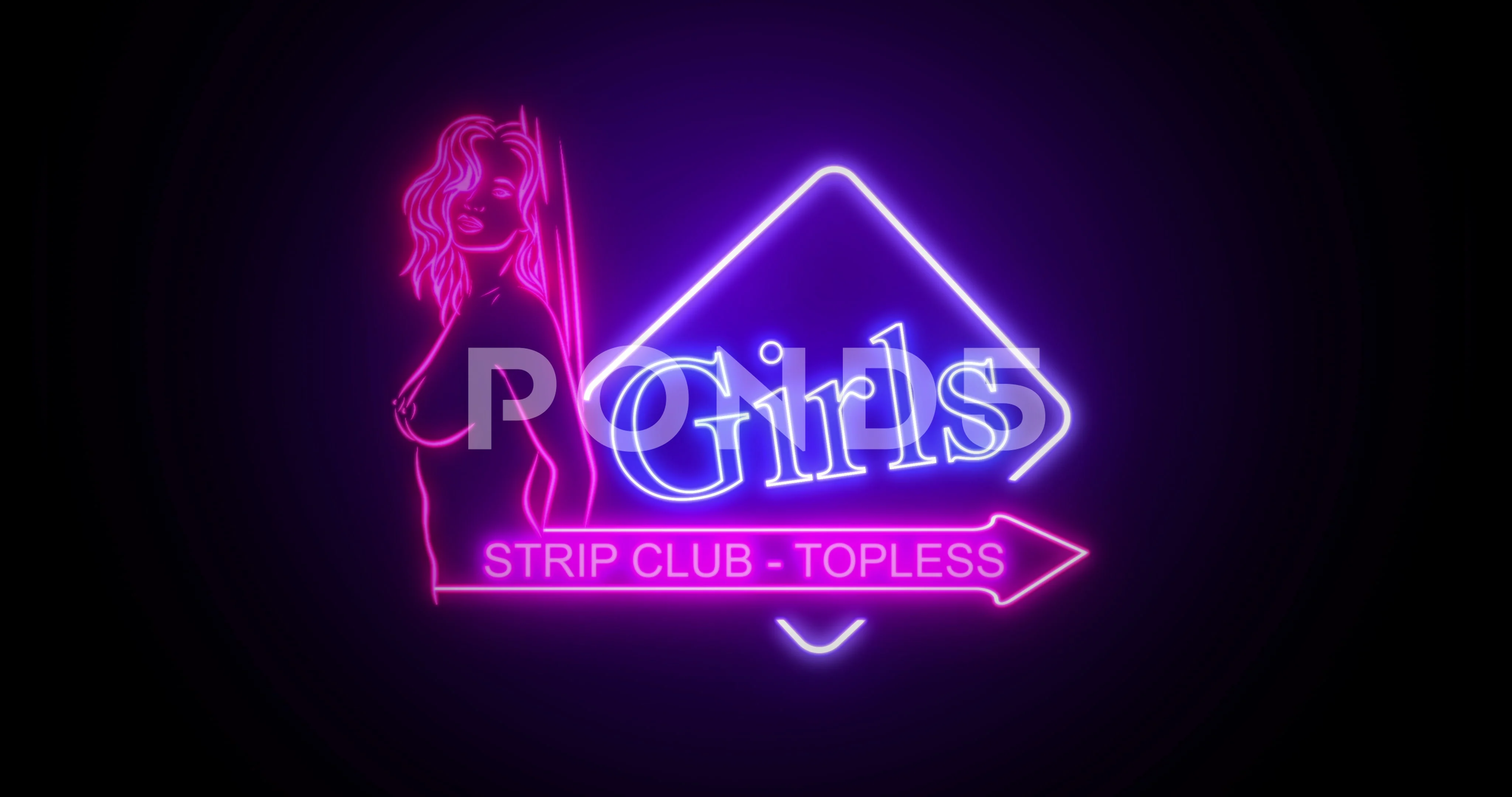 Girls Strip Club Topless neon sign flickering in the night. Loop