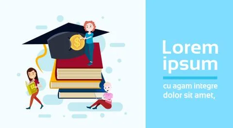 Girls student cup standing stack of book hold dollar coin study character on Stock Illustration