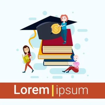 Girls student cup standing stack of book hold dollar coin study character on Stock Illustration