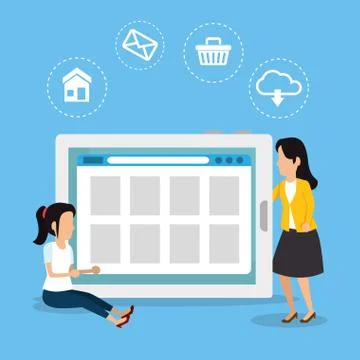 Girls with table website technology connection Illustrazione stock