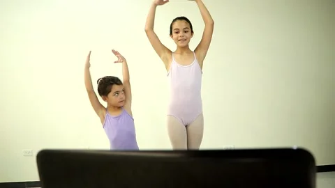 Girls Taking Ballet Classes Online at Home Stock Footage 132728915
