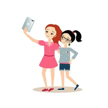 Girls Taking Selfie with Tablet. Vector Illustration in Flat Style Stock Illustration