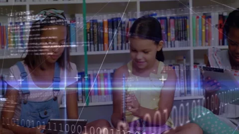 Girls tapping tablets activating code overlay, boy and blonde girl joining, Stock Footage 312280003