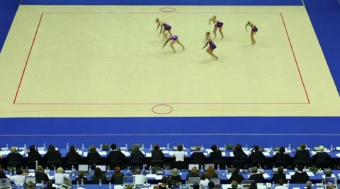 Girls team with hoop on World Rhythmic Gymnastics Championships Stock Footage