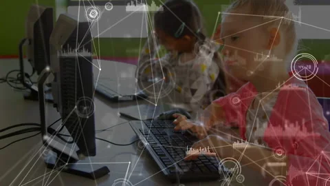 Girls typing code at school computers enabling network overlay pulsing with Stock Footage 316191168