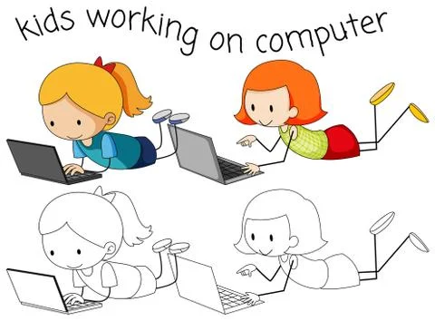 Girls using computer on white background イラスト素材