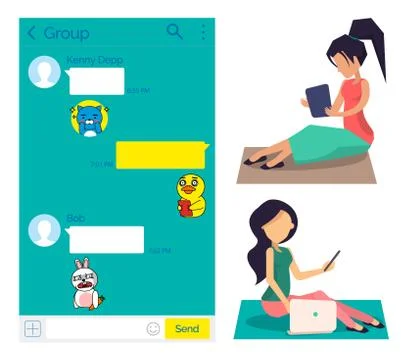 Girls Using kakao talk Application, Messenger Users Illustrazione stock