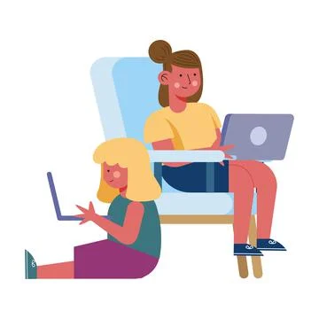 Girls using laptops elearning 스톡 일러스트