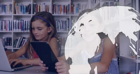 Girls using tablets in library with globe growing between frames 2-3, over Stock Footage 330209310