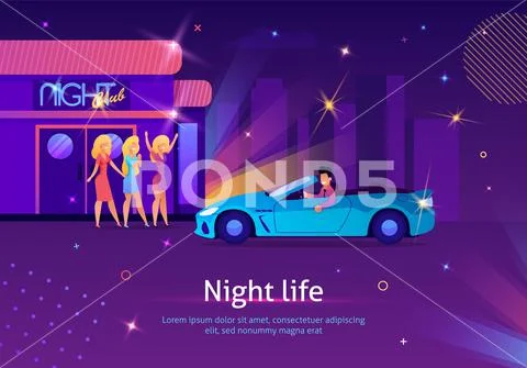Girls Waiting for Man in Car near Night Club. Stock Illustrationen