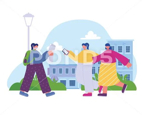 Girls walking in the street city with map and smartphone Stock Illustration