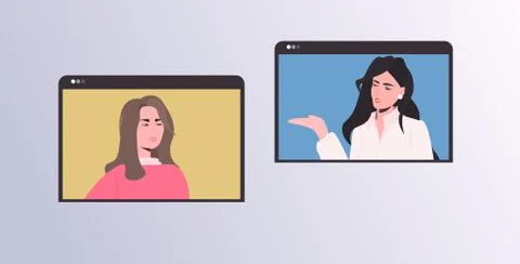 Girls in web browser windows chatting during video call online conference Stockillustratie