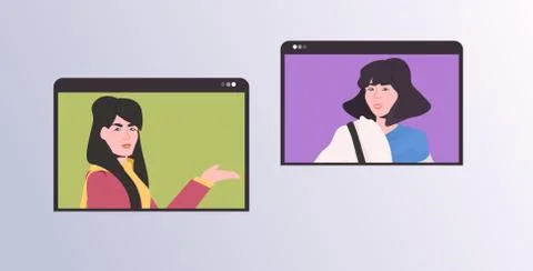Girls in web browser windows chatting during video call online conference Stock Illustration