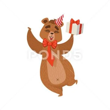 Girly Cartoon Brown Bear Character Wearing Party Hat And Bow On The Neck Holding Stock Illustration