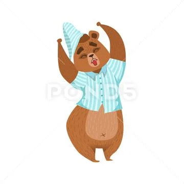 Girly Cartoon Brown Bear Character In Pyjamas Stretching And Yawning Stock Illustration