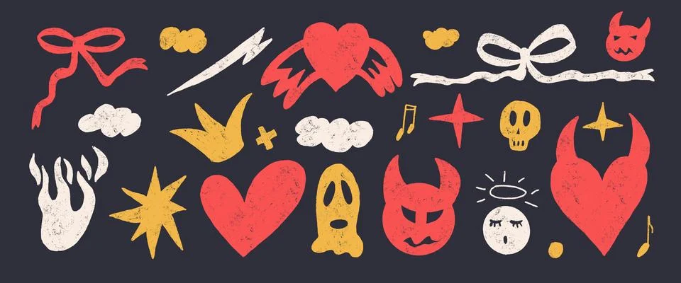 Girly chalk doodles set. Devil and angels wax crayon drawn background. Scribble Stock Illustration
