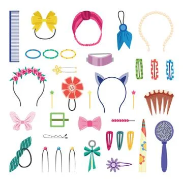 Girly hair accessories, isolated set of cute hairstyle decorations Stock Illustration